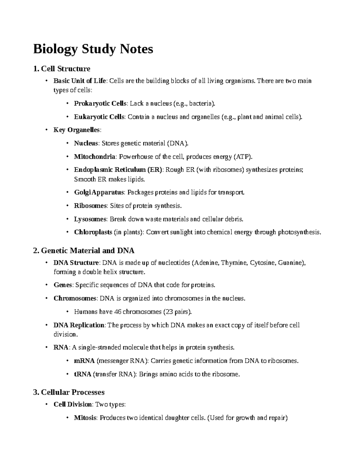 Biology Study Notes 1: Cell Structure and Genetics Overview - Studocu