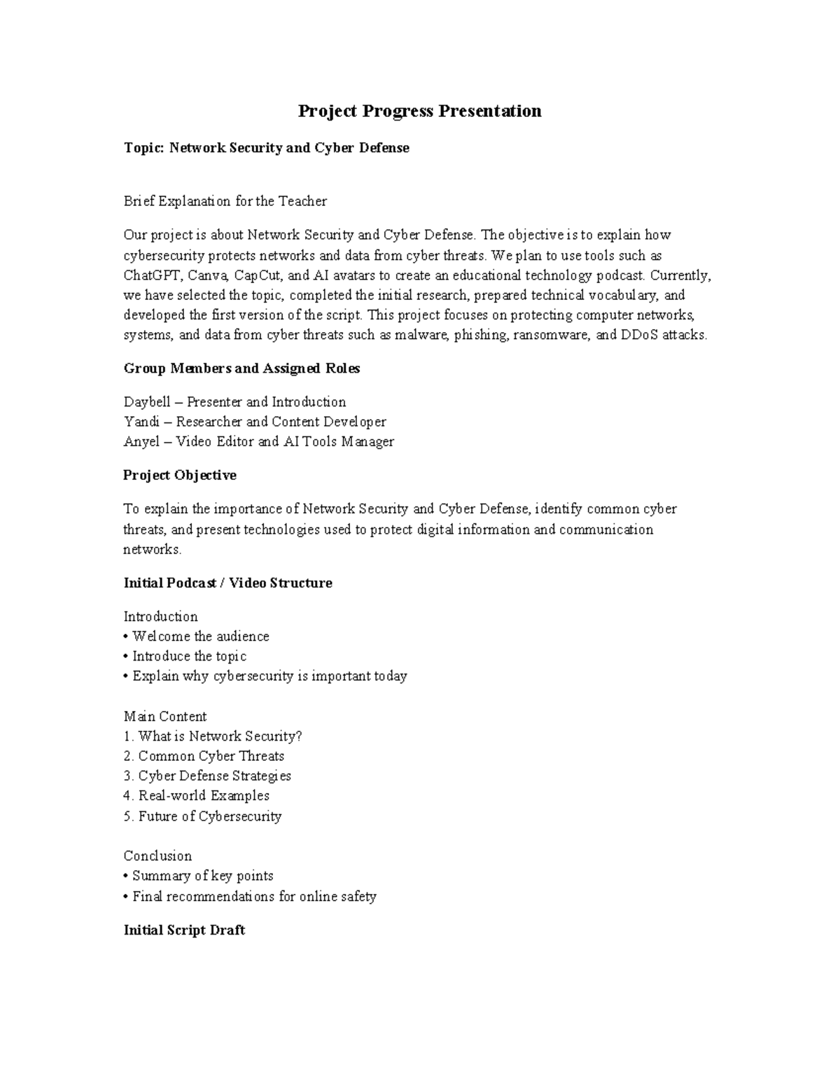 Network Security and Cyber Defense Project Progress Report - Studocu