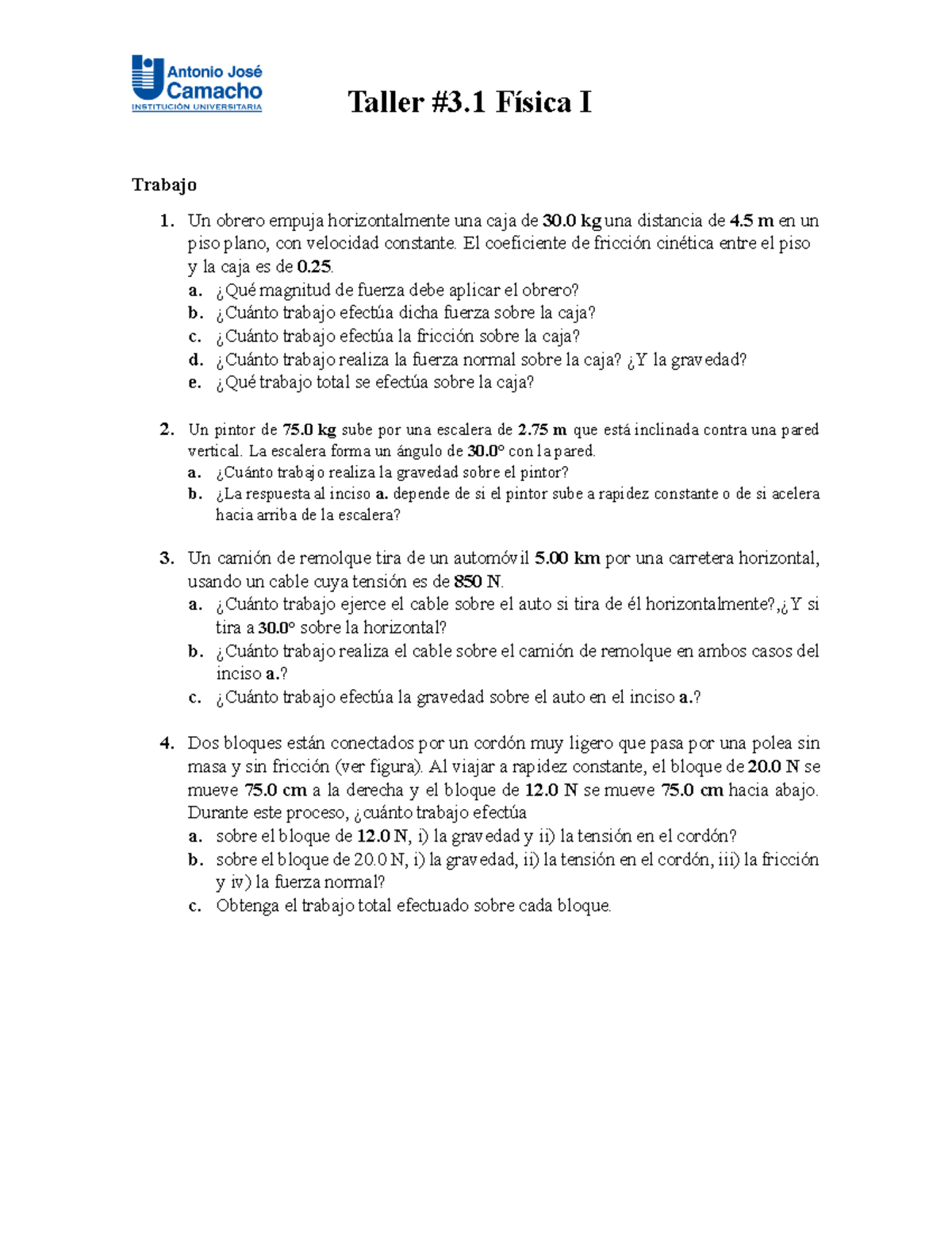 Taller Física I Trabajo Y Fuerzas En Sistemas Mecánicos Studocu