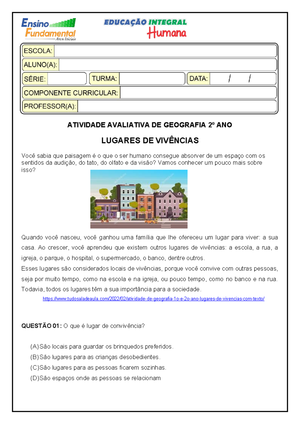 Teste de Geografia - 2º Ano: Lugares de Vivência - Studocu