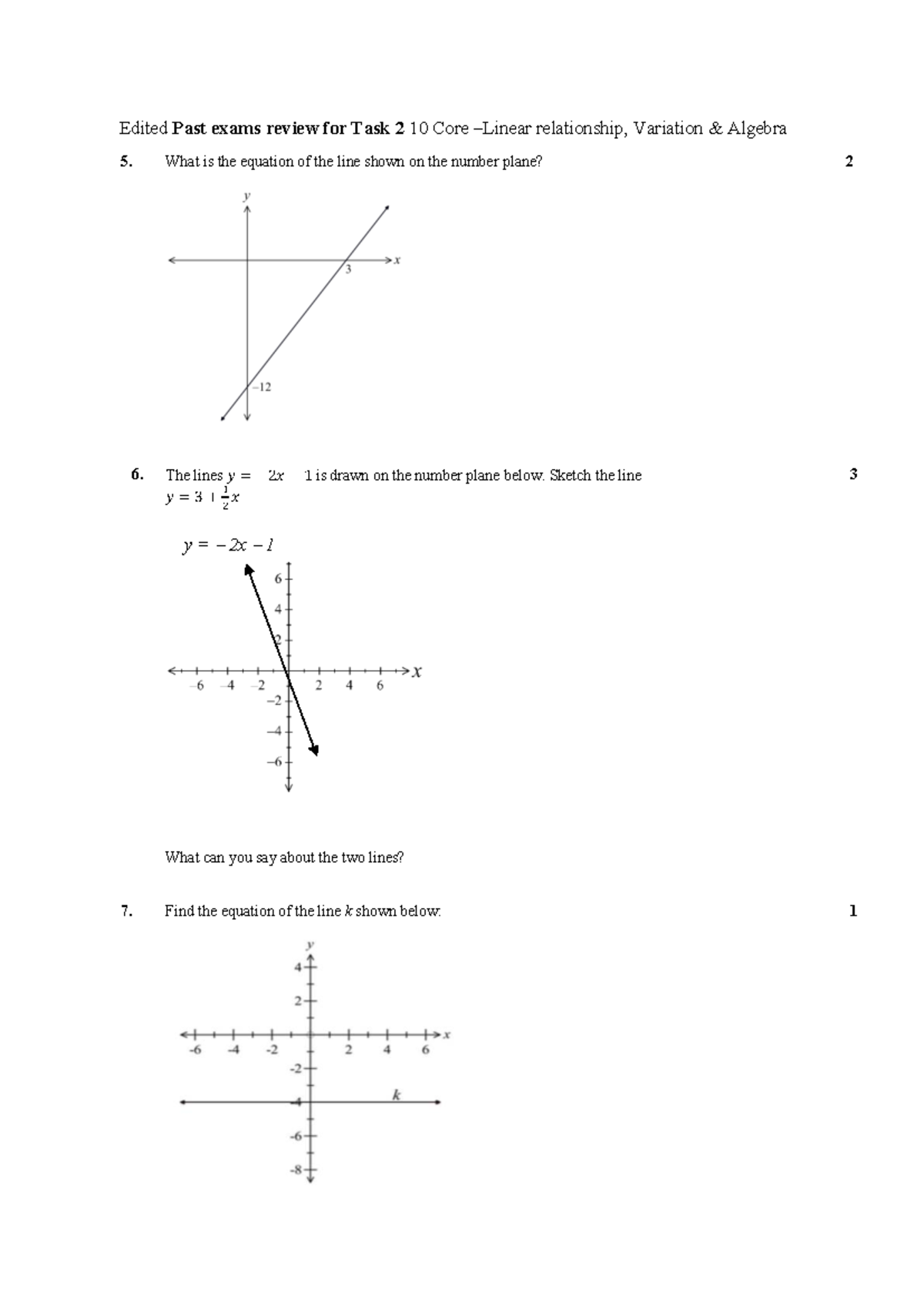 10 Core Past Exam Review for Task 2: Algebra & Line Equations - Studocu