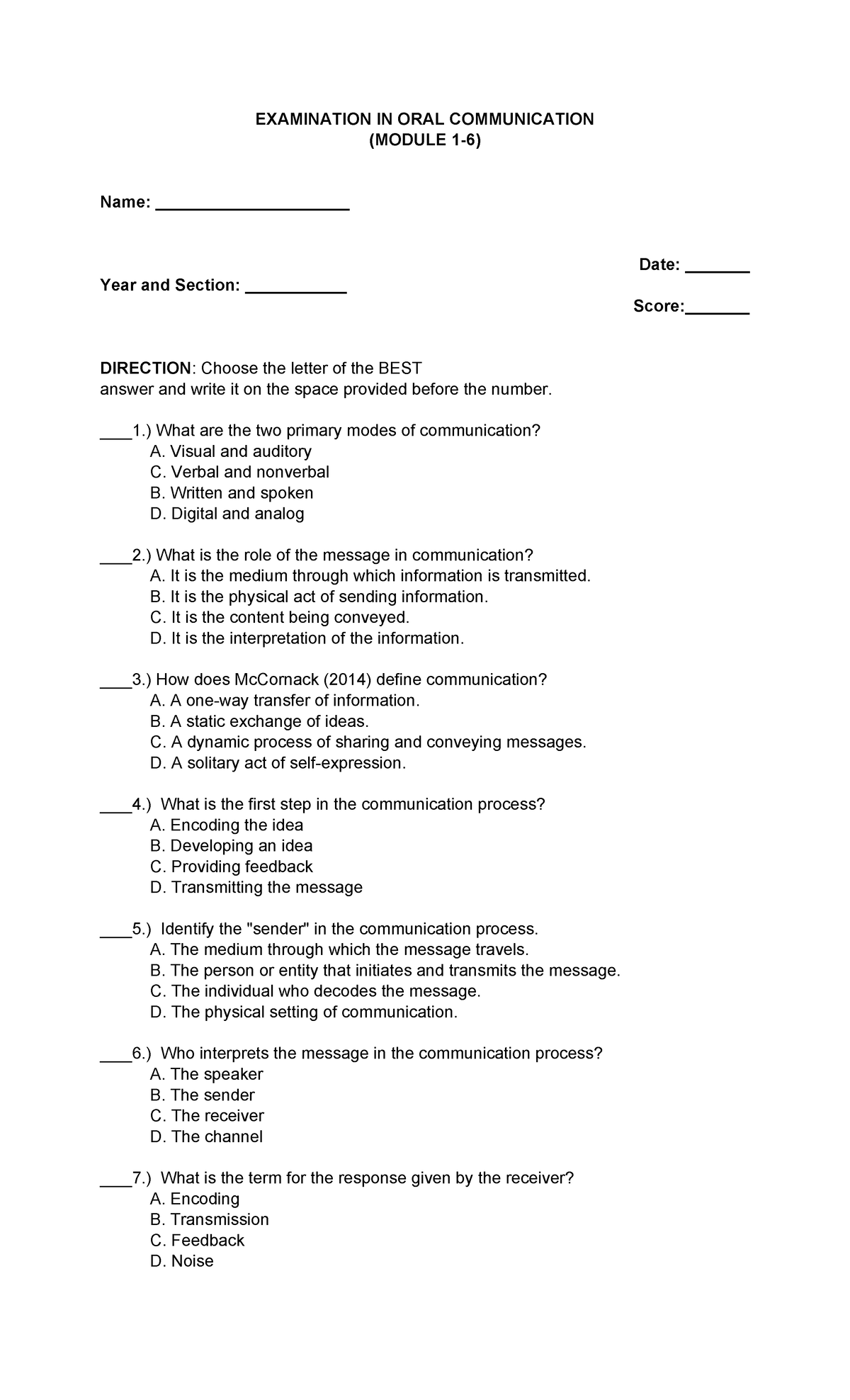 Exami - AAAA - EXAMINATION IN ORAL COMMUNICATION (MODULE 1-6) Name