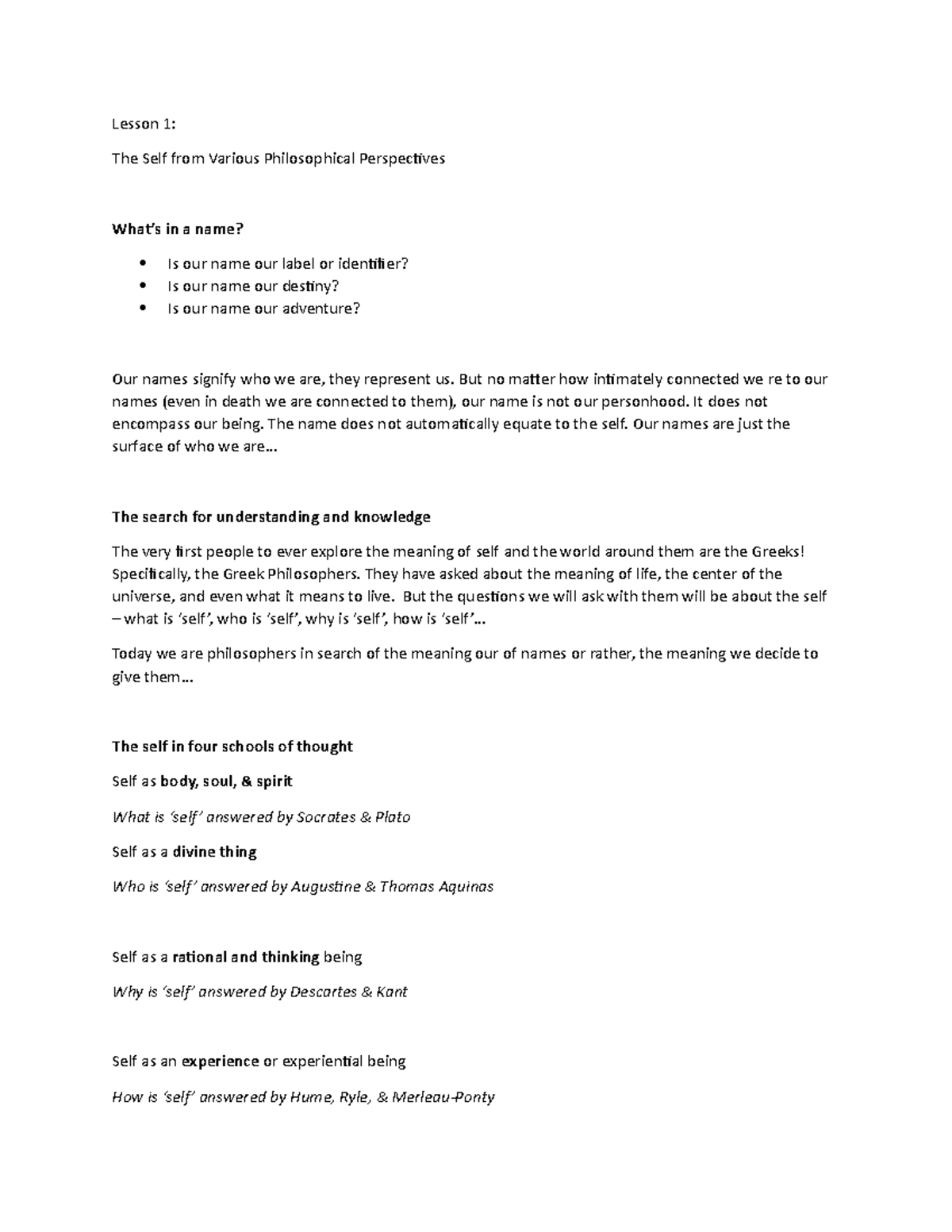 UTS reviewer - Lesson 1: The Self from Various Philosophical ...