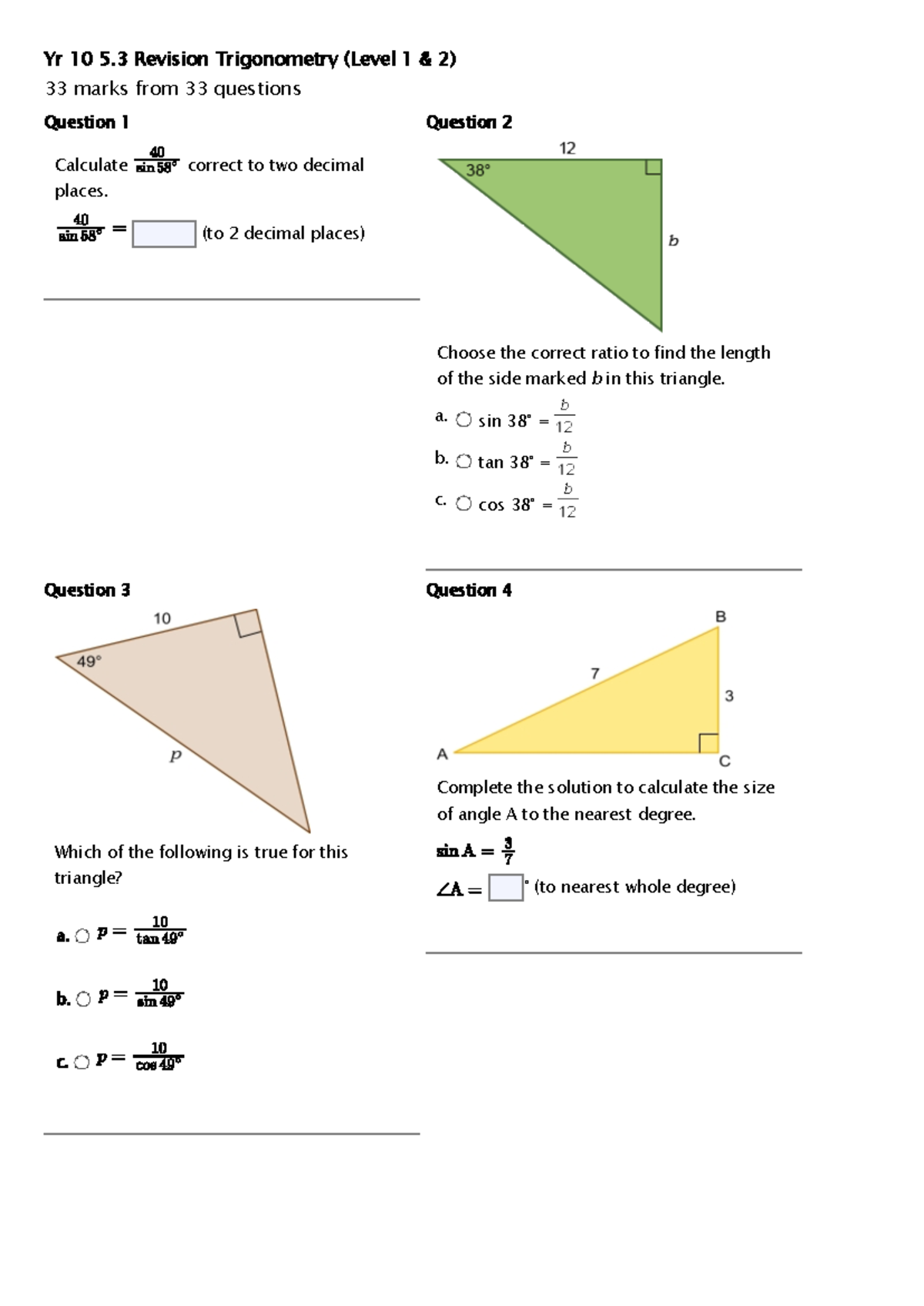 Yr 10 5.3 Trigonometry Revision Questions & Solutions (Level 1 2) - Studocu