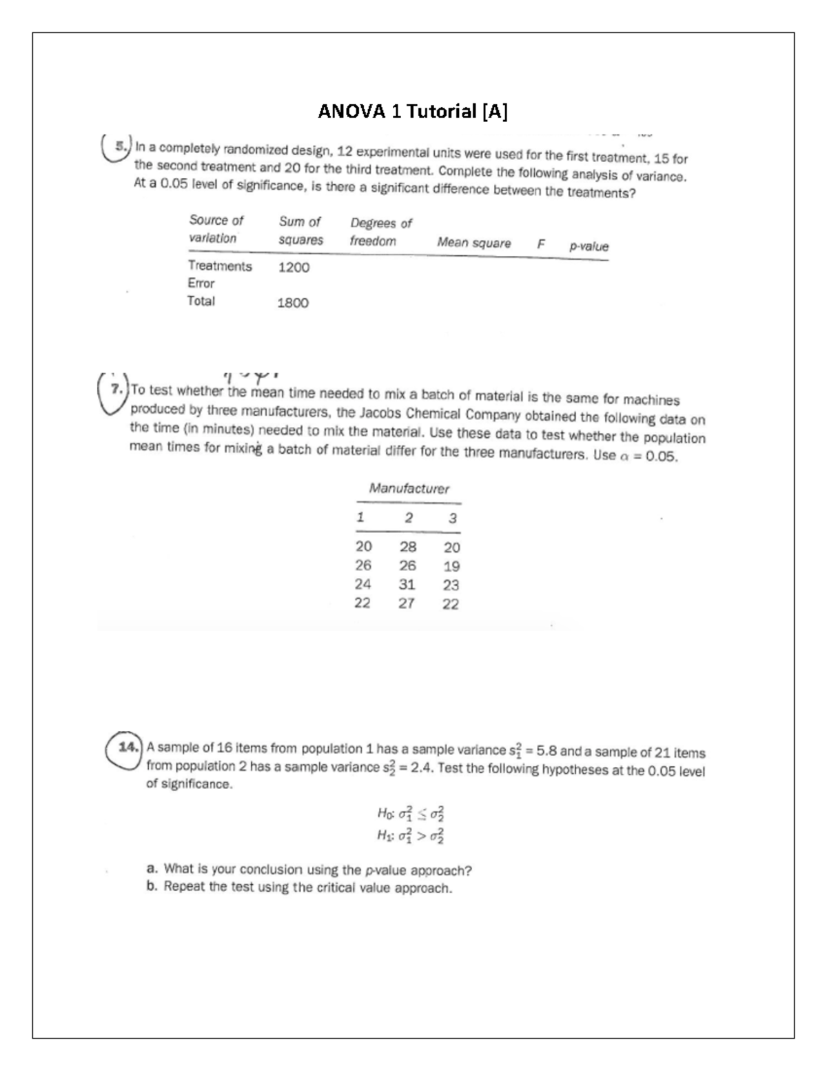 Anova TUT 1 - Tutorial 1 - ANOVA 1 Tutorial [A] MCQ You perform ANOVA ...