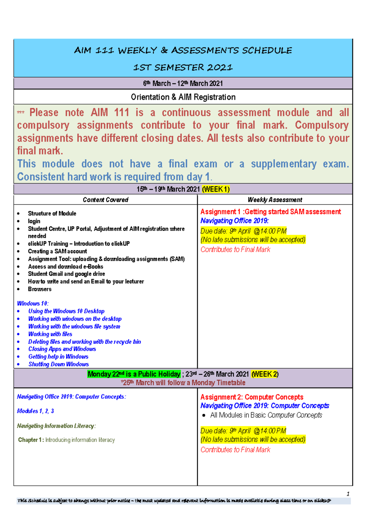 AIM 111 Weekly Schedule 2021 - 1 AIM 111 WEEKLY & ASSESSMENTS SCHEDULE ...