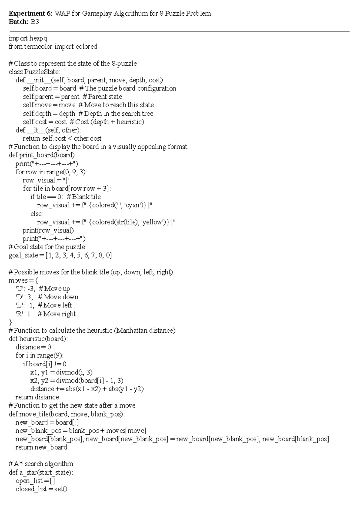 Experiment 5ai - AIML gameplay algorithm for puzzle solving - Studocu