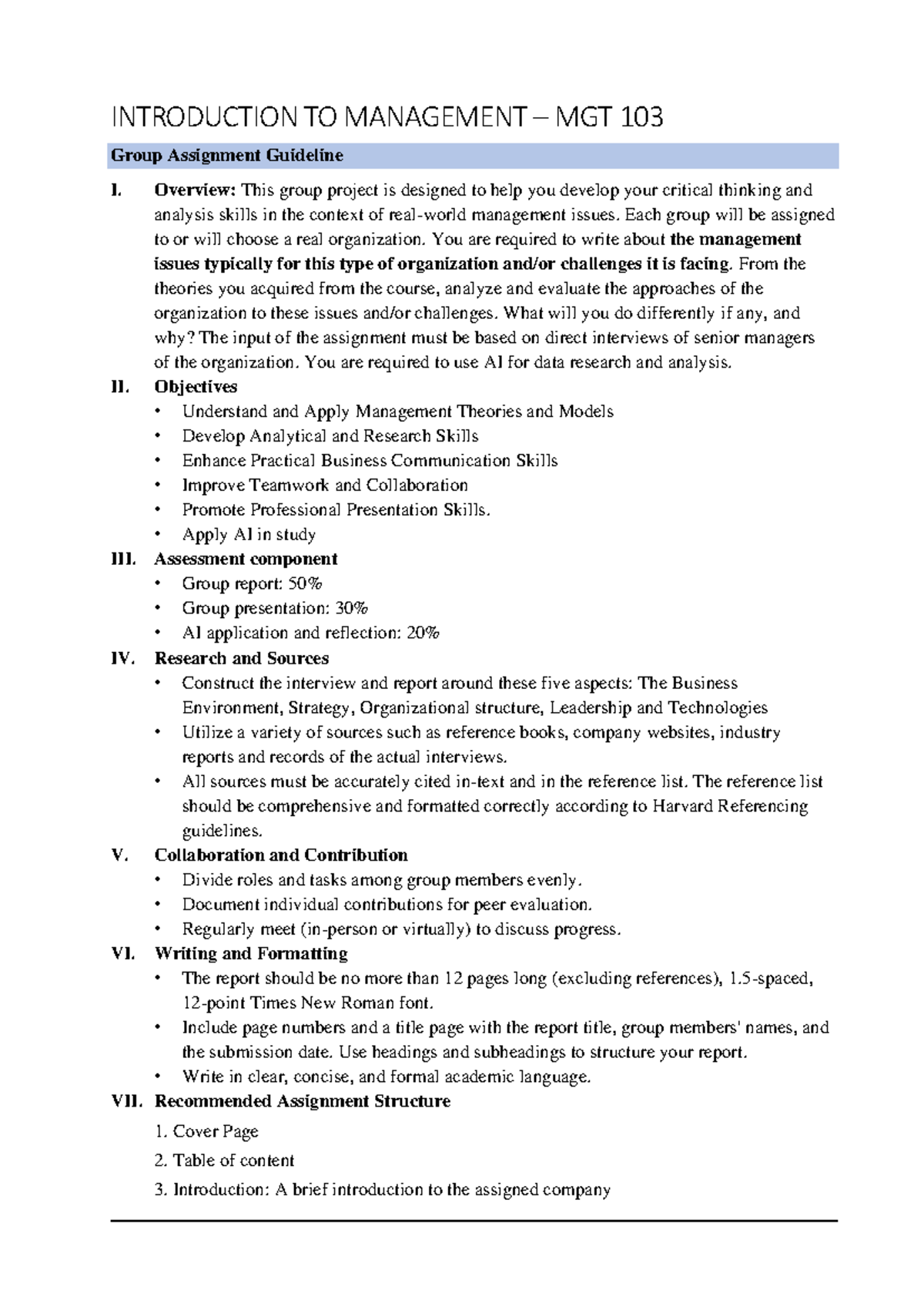 MGT 103: Group Assignment Guidelines & Project Structure Overview - Studocu