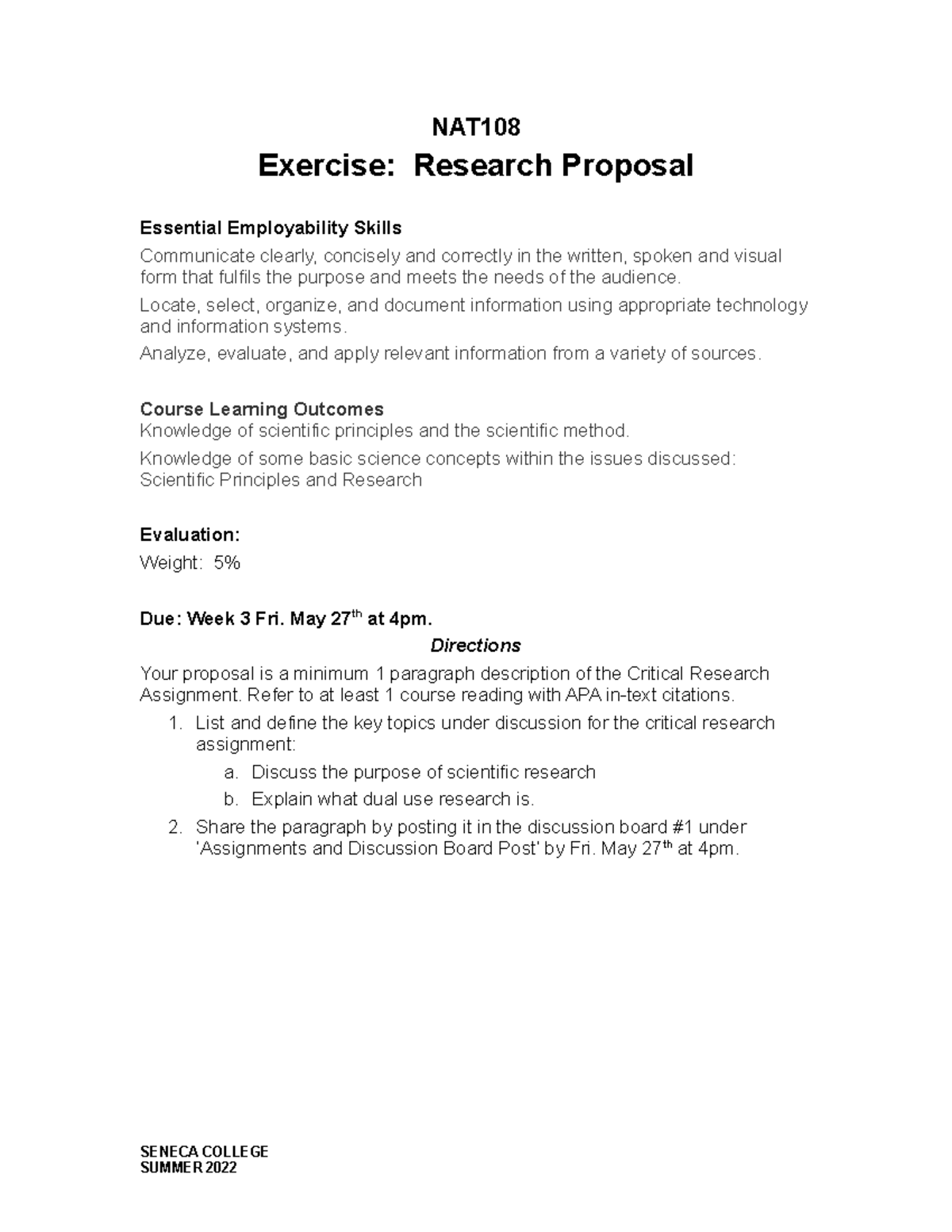 NAT 108 Assignment 1: Critical Research Proposal & Analysis Guide - Studocu