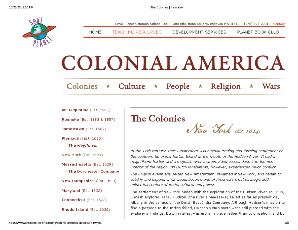 The Colonies: New York Overview and Historical Insights - Studocu