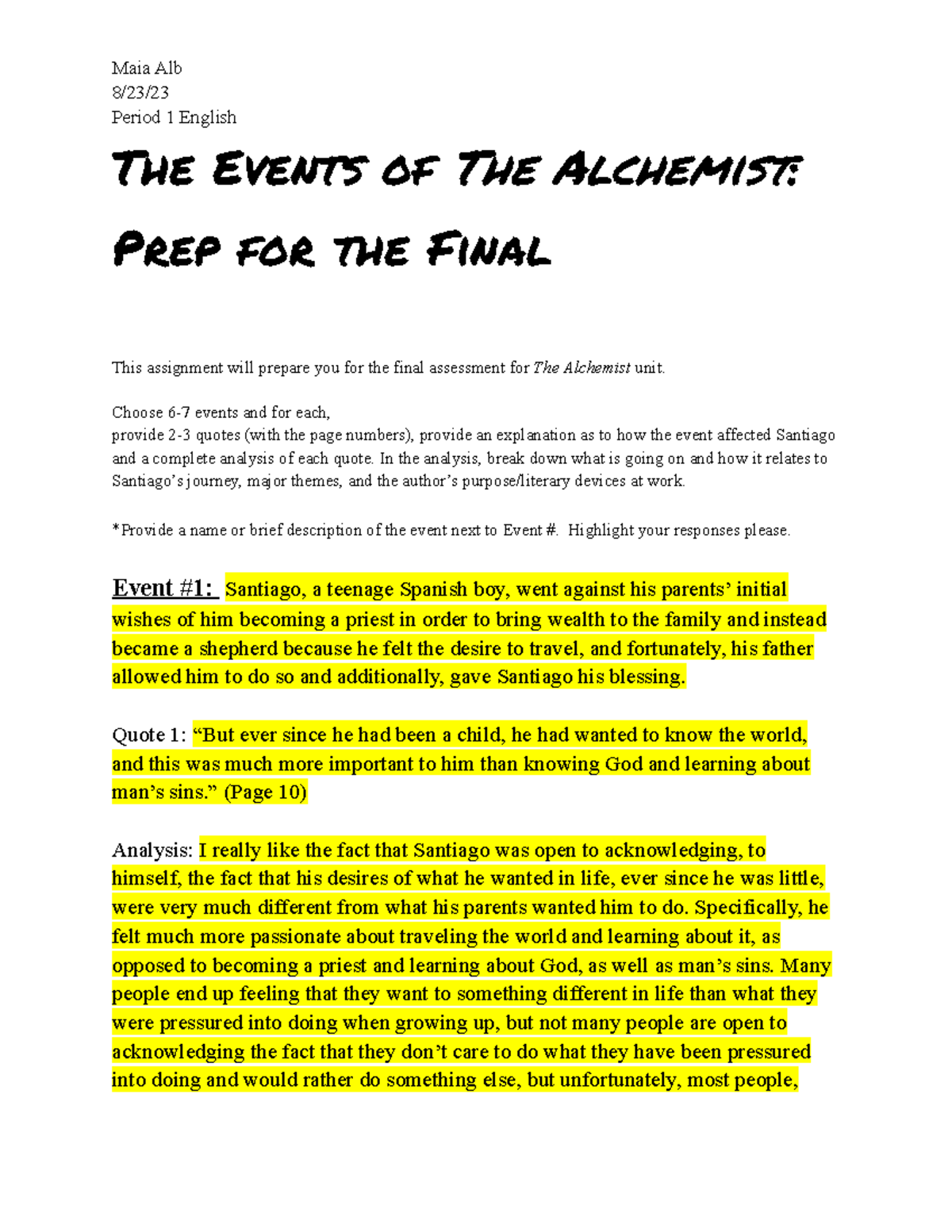 MAIA ALB - Key Events Analysis for The Alchemist Final Exam Prep - Studocu