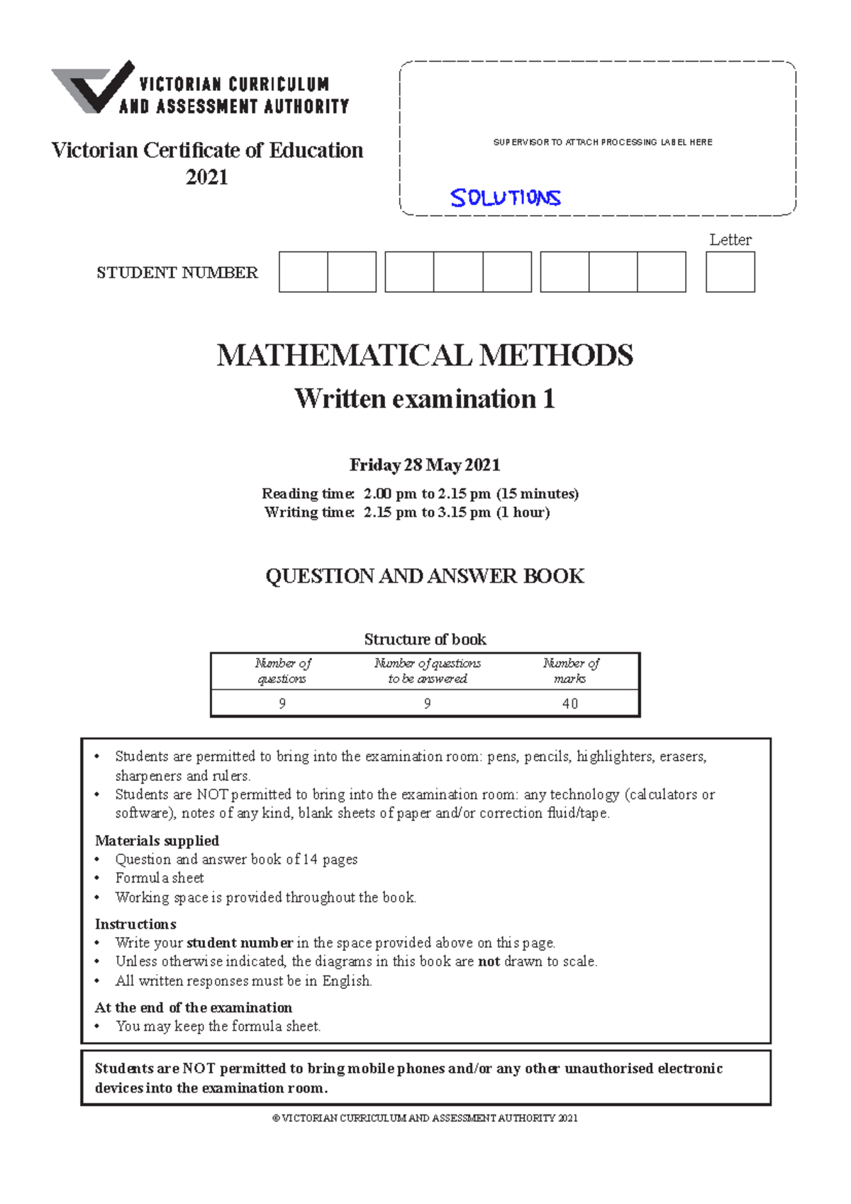 2021 NHT MATHEMATICAL METHODS Exam 1 Solutions and Answers - Studocu