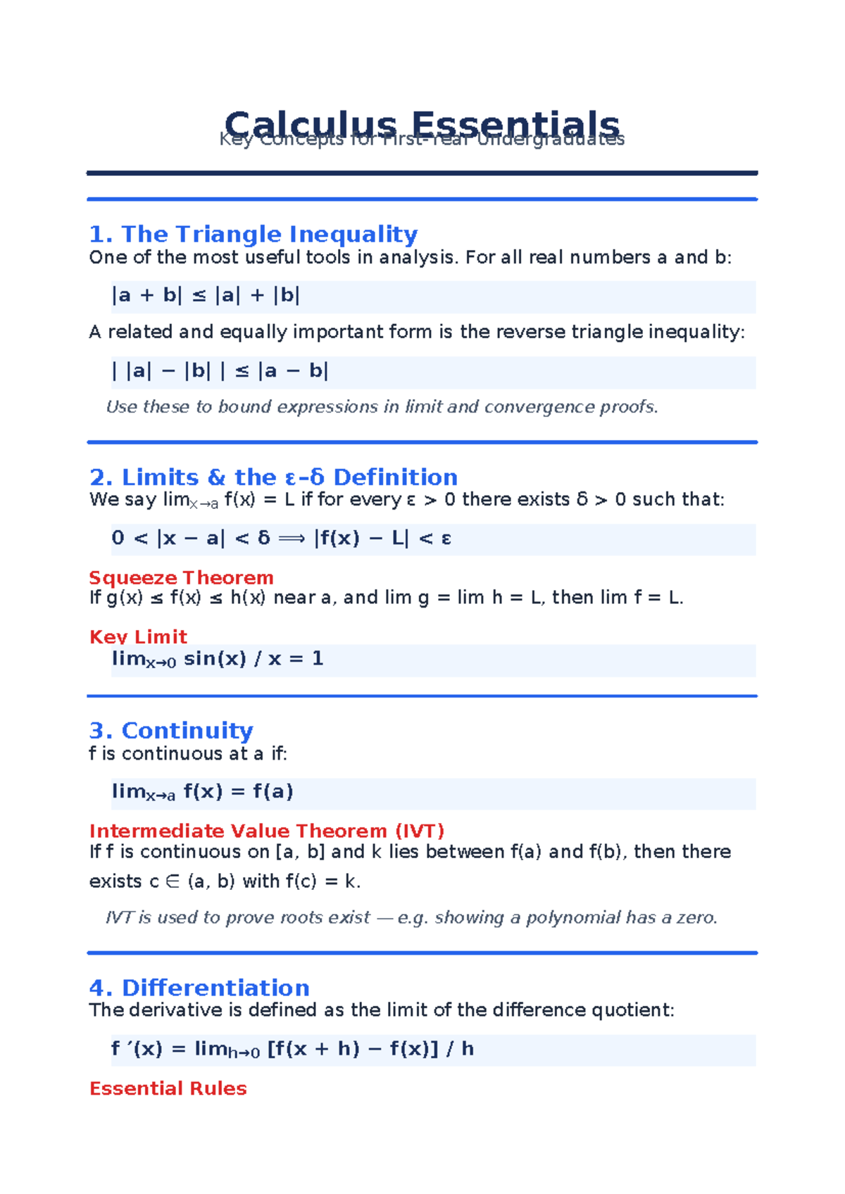 Calculus 101: Key Concepts and Theorems for Undergraduates - Studocu