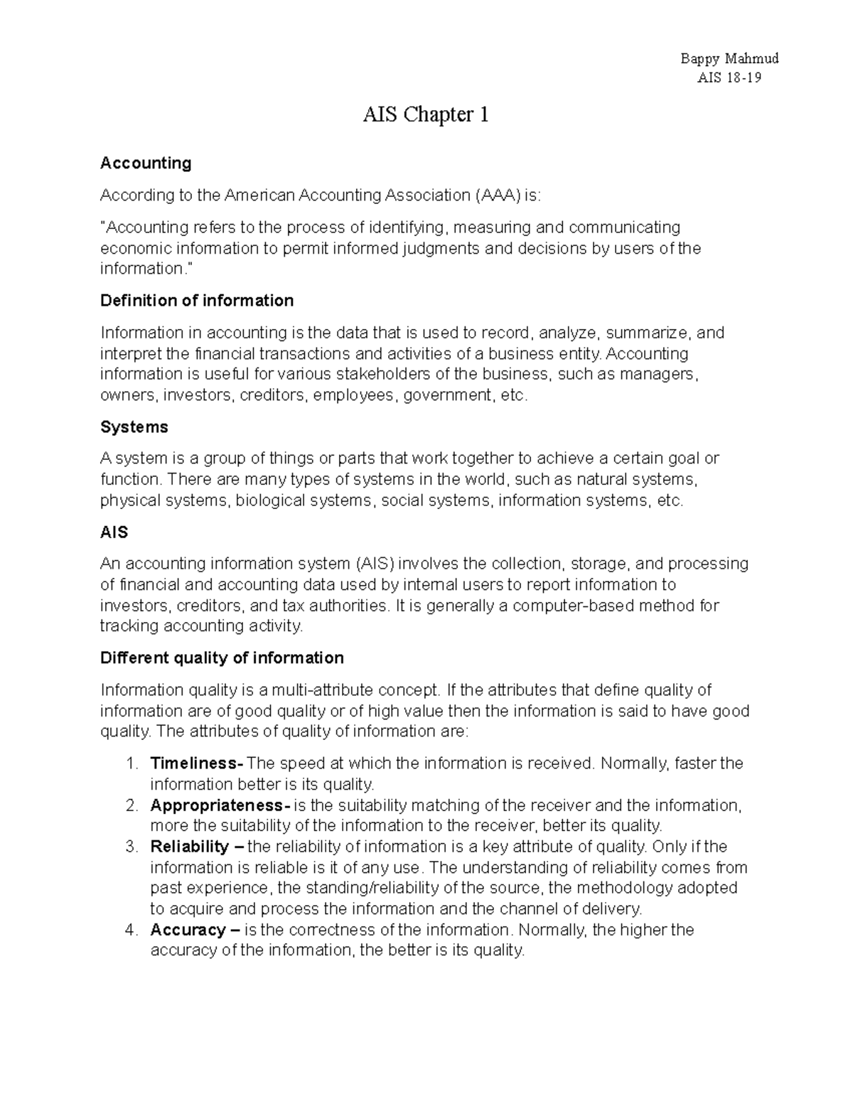 AIS ch1 - Chapter 1 of ais course - AIS Chapter 1 Accounting According ...
