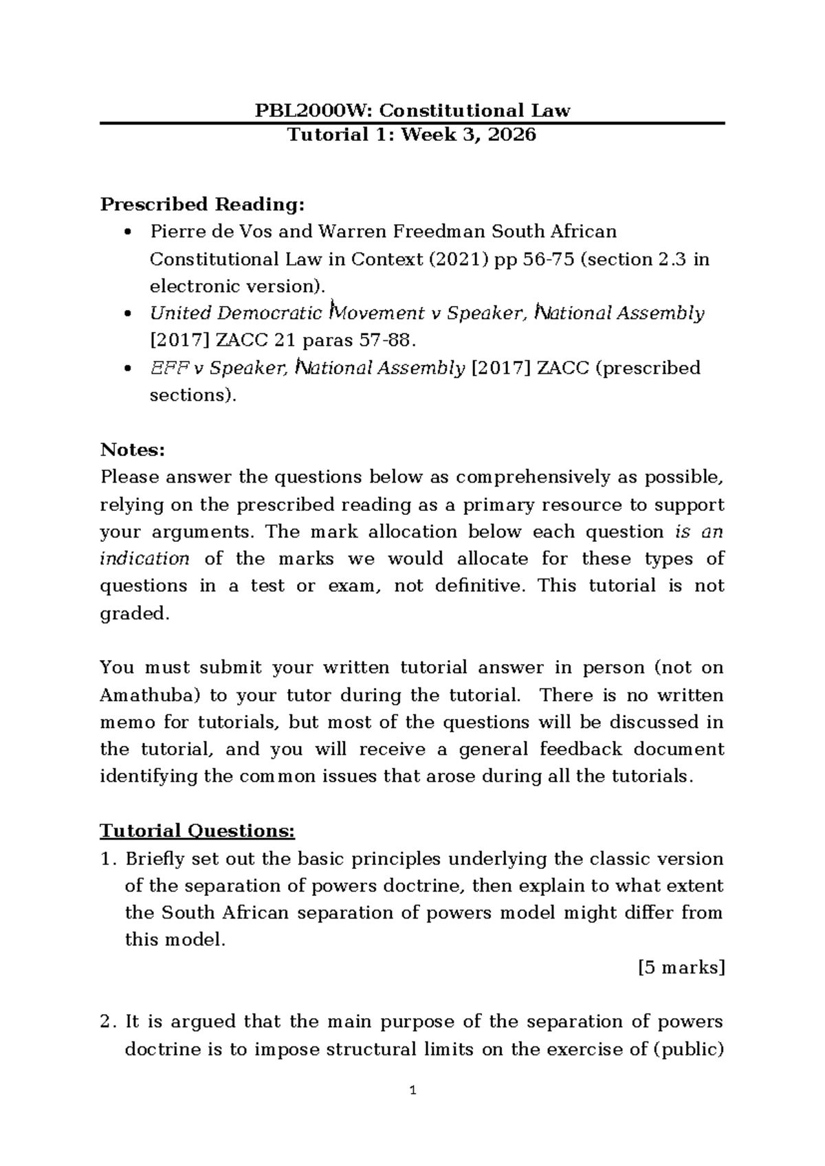 Constitutional Law Tutorial 1: Week 3 - Separation of Powers Analysis ...