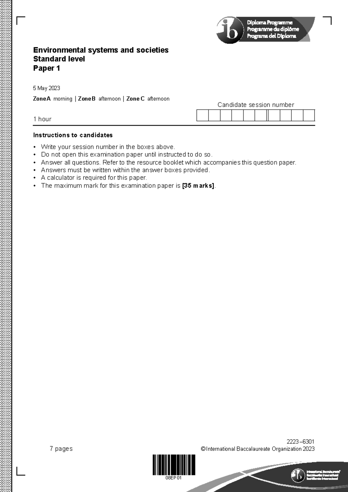 ESS 2023 Standard Level Paper 1 Exam Questions and Instructions - Studocu