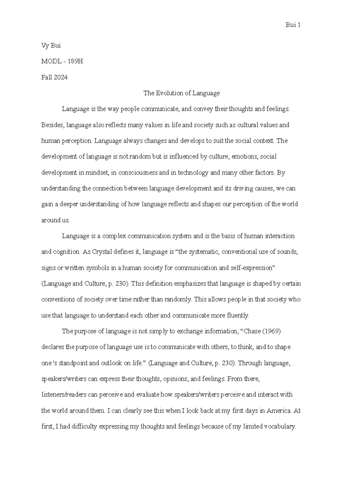 MODL 189H Fall 2024 Essay: The Evolution of Language and Culture - Studocu