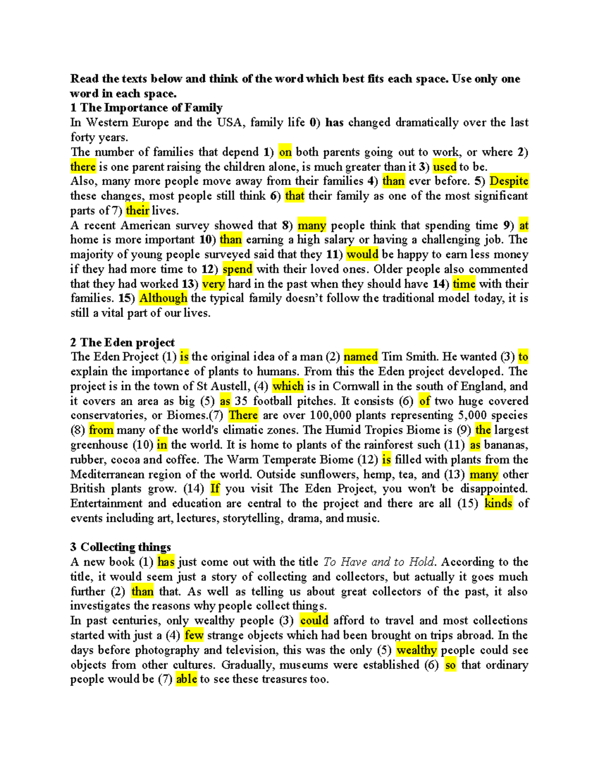 Open Cloze Text Exercise: Family, Nature, and Collecting Insights - Studocu