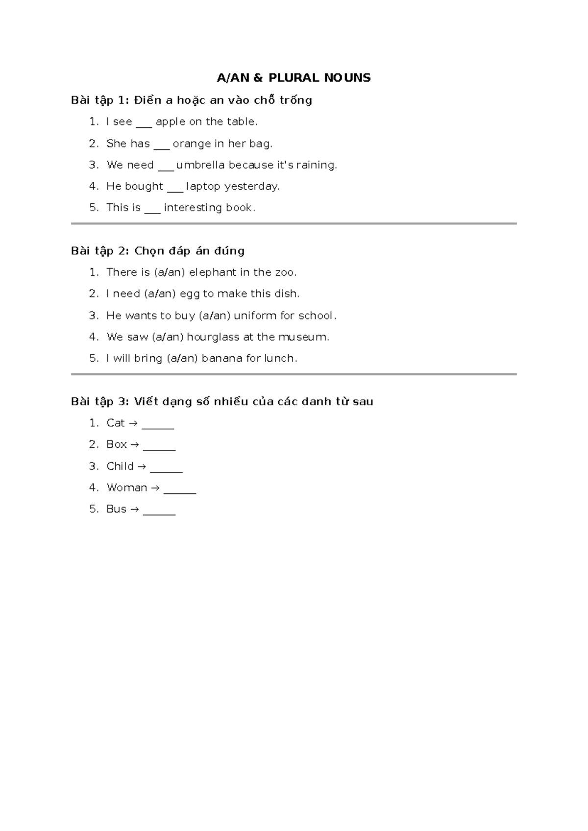 A/AN & PLURAL NOUNS: Exercises for Understanding Usage and Forms - Studocu