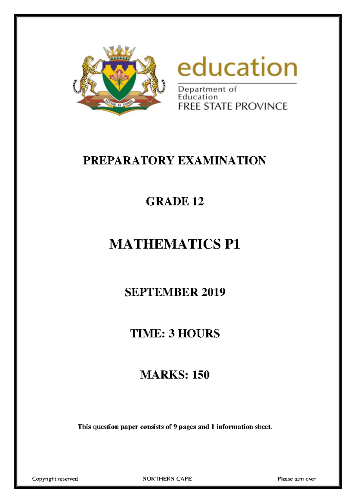 Grade 12 Mathematics P Preparatory Exam September 2019 (P1) - Studocu