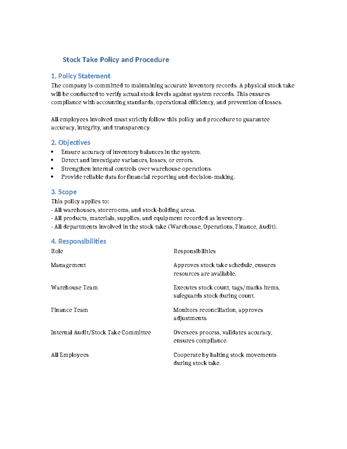 Stock Take Policy & Procedure: Ensuring Inventory Accuracy - Studocu