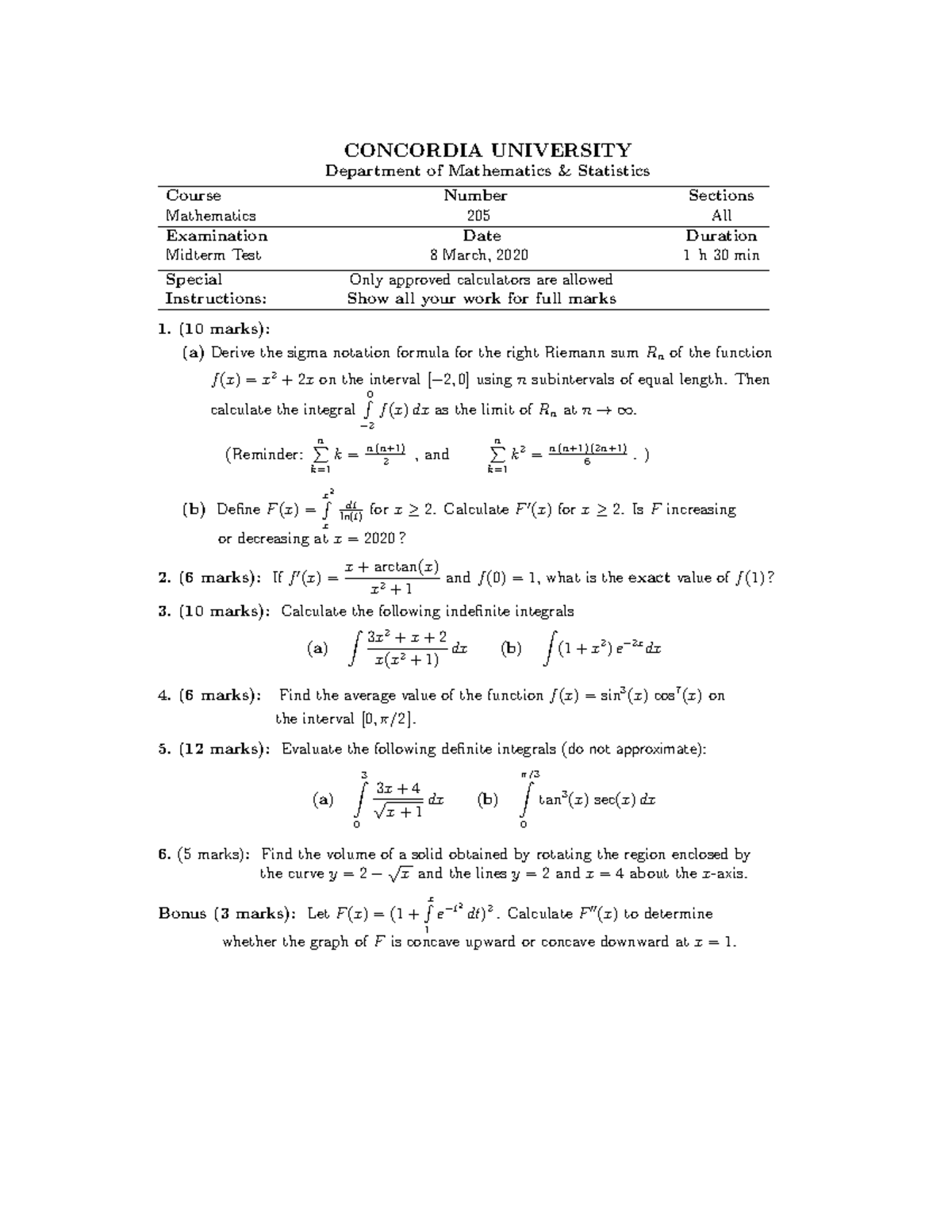 Mathematics Midterm Test Practice Material - MATH 205 - Studocu