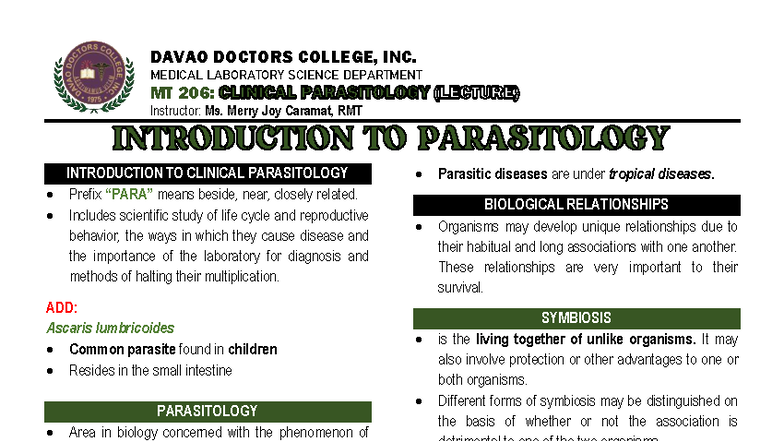 MT 206: Prelim Lecture Notes on Clinical Parasitology - Studocu