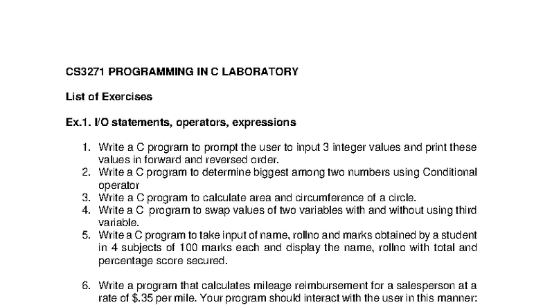 CS3271 C Programming Lab Exercises and Solutions - Studocu