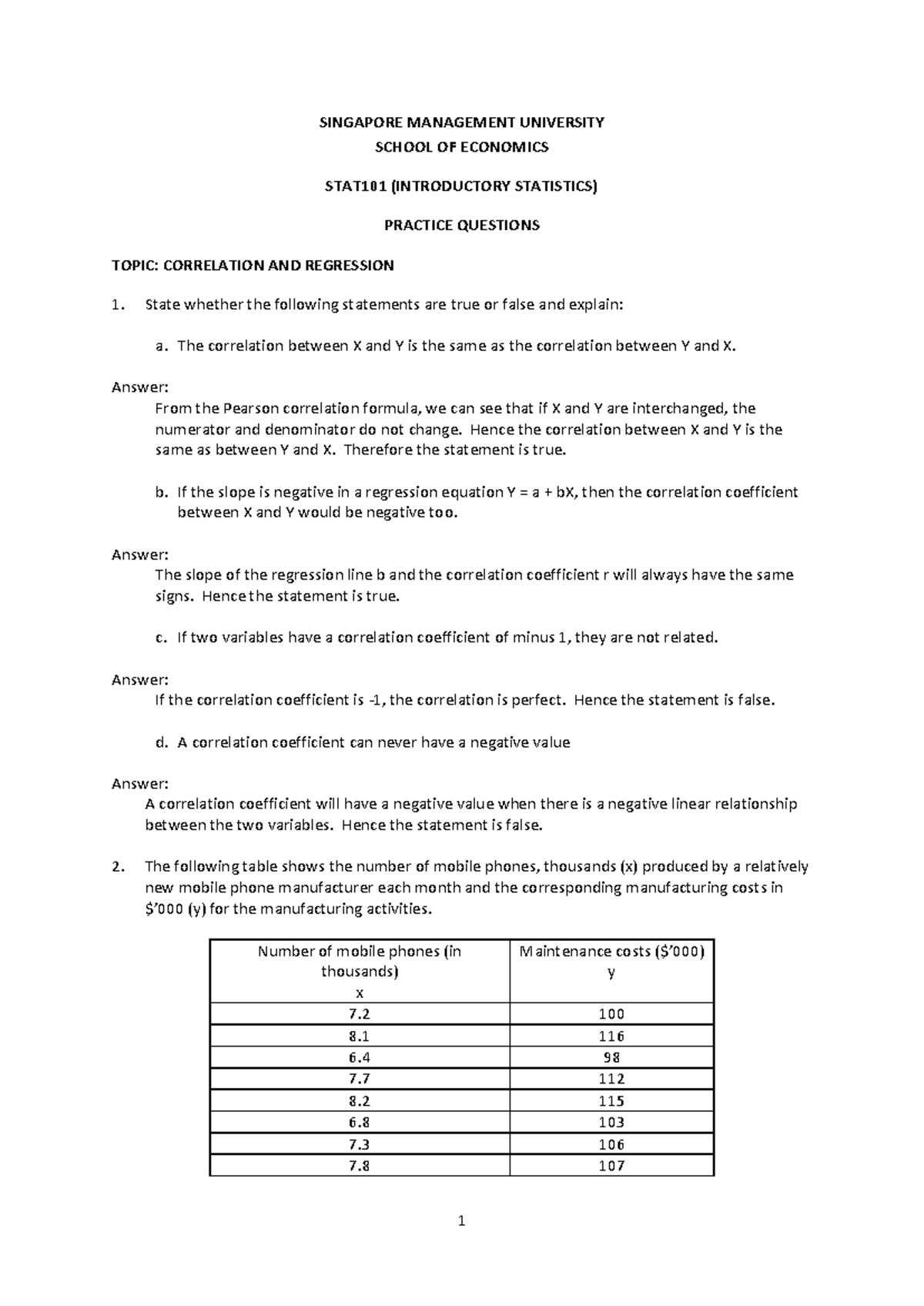 Topic 7 - correlation and regression (Answer) - SINGAPORE MANAGEMENT ...