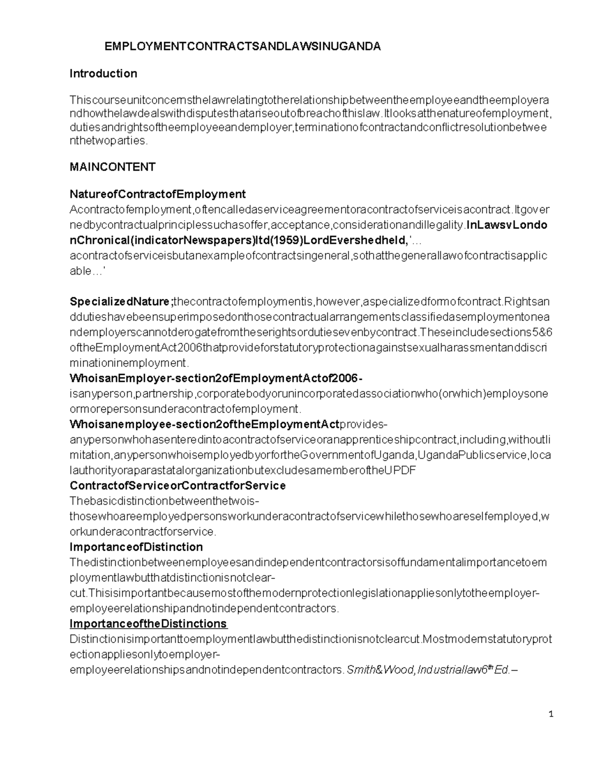 Labour Law Notes (Course Code: LAW 101) - Employment Contracts in ...
