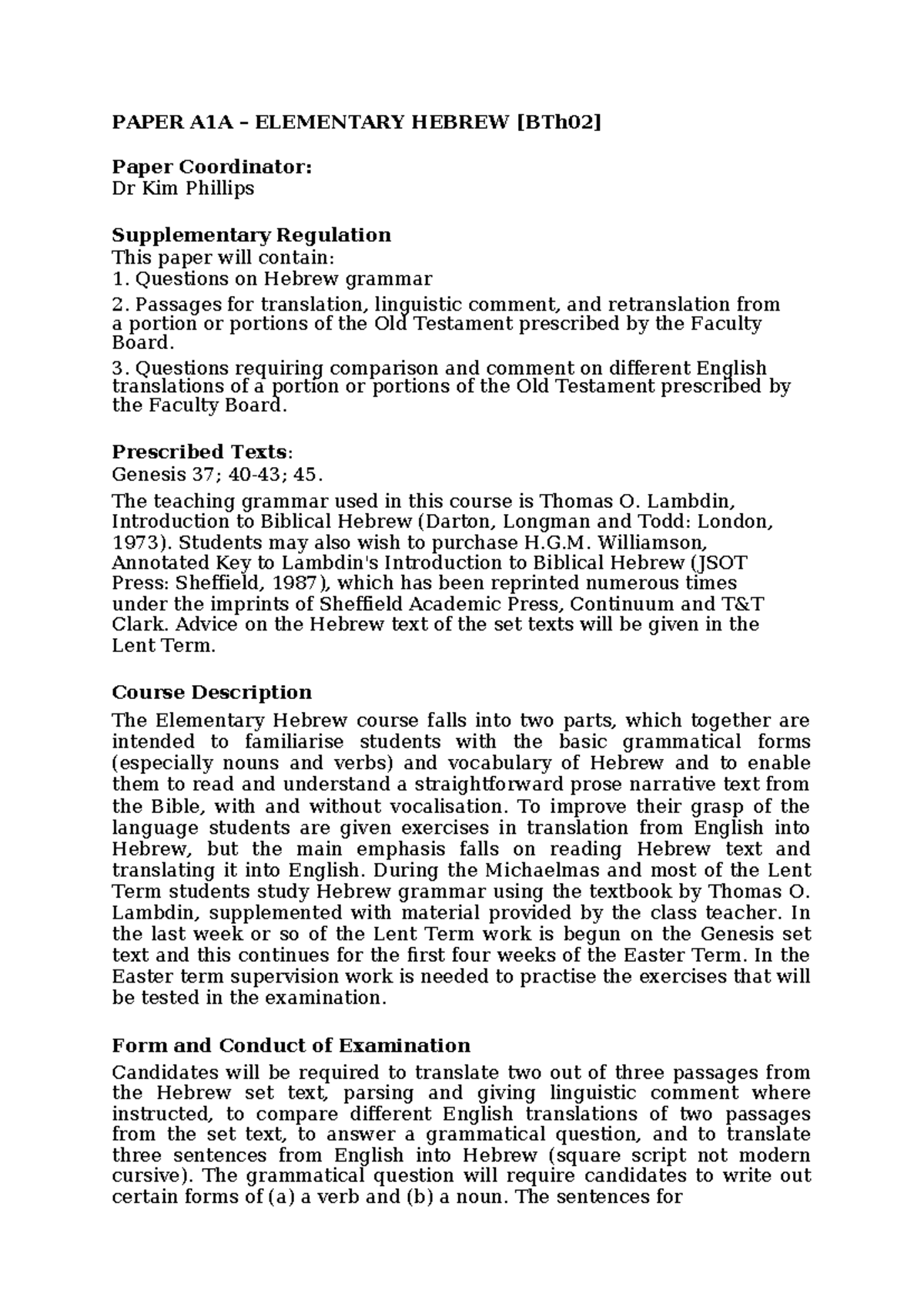 A1a Paper Description 2019-20 - PAPER A1A – ELEMENTARY HEBREW [BTh02 ...