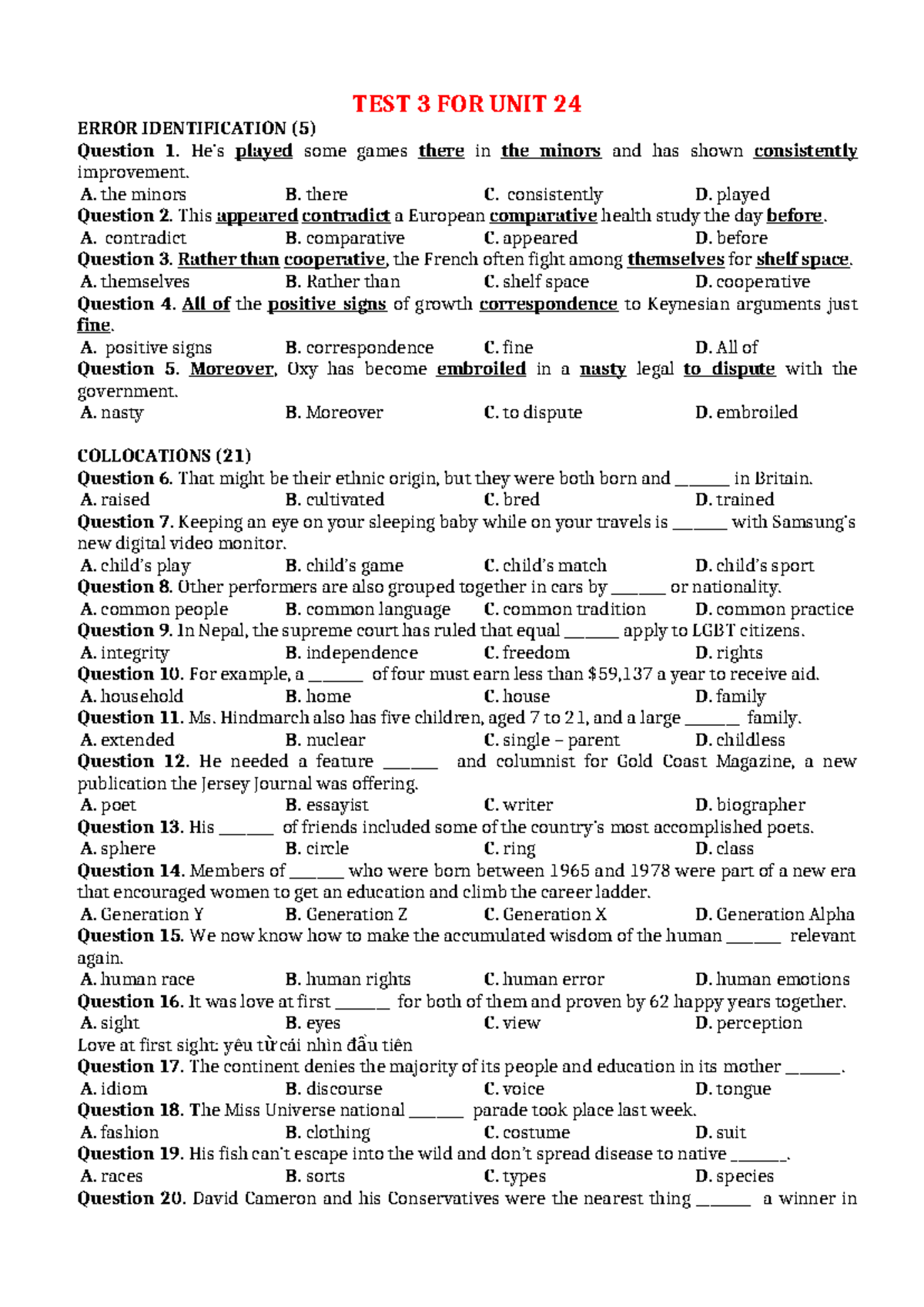 TEST 3: ERROR IDENTIFICATION & VOCABULARY UNIT 24 C1C2 - Studocu
