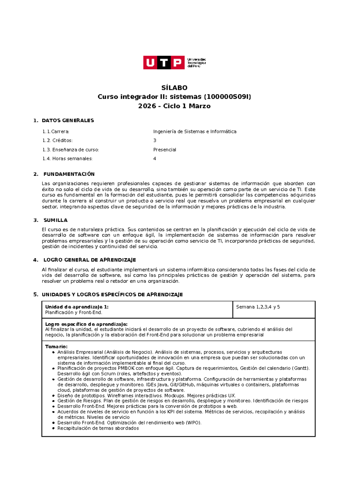 SÍLABO Curso Integrador II: Sistemas 2026 - Ciclo 1 - Studocu