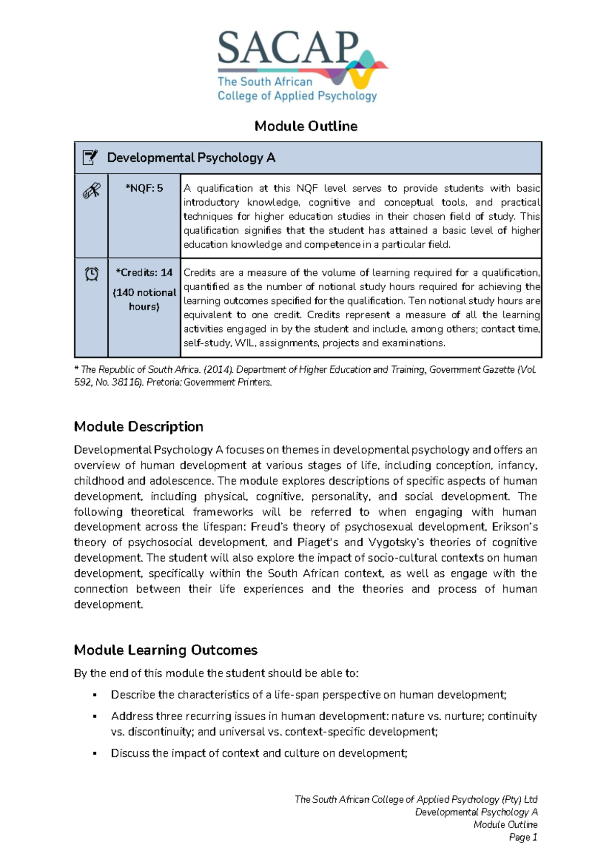 Developmental Psychology A Module Outline: Key Concepts and Theories ...