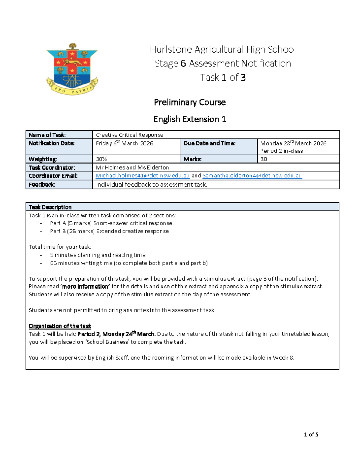 2026 Year 11 Preliminary Course English Extension 1 Task 1 Notification ...
