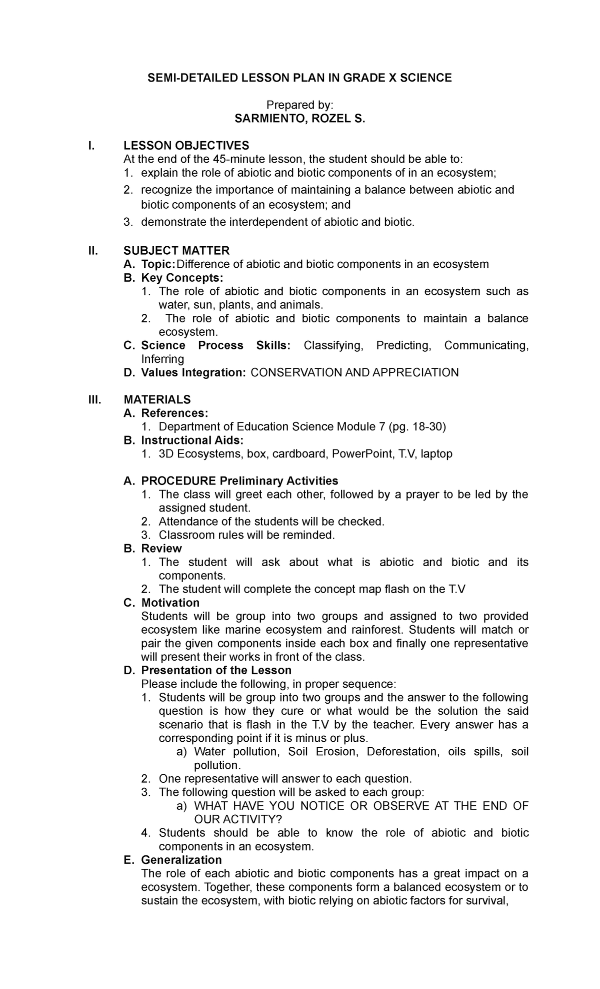 Semi-Detailed Lesson Plan for Grade X Science: Ecosystem Components ...