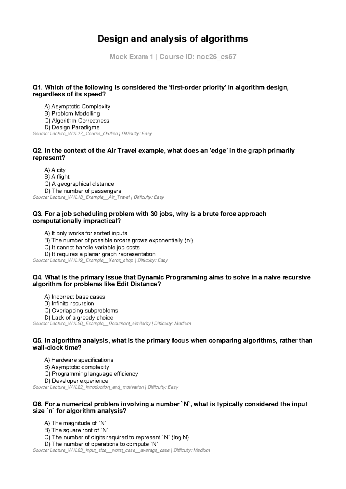 Design and Analysis of Algorithms Mock Exam 1 - NOC26_CS67 - Studocu