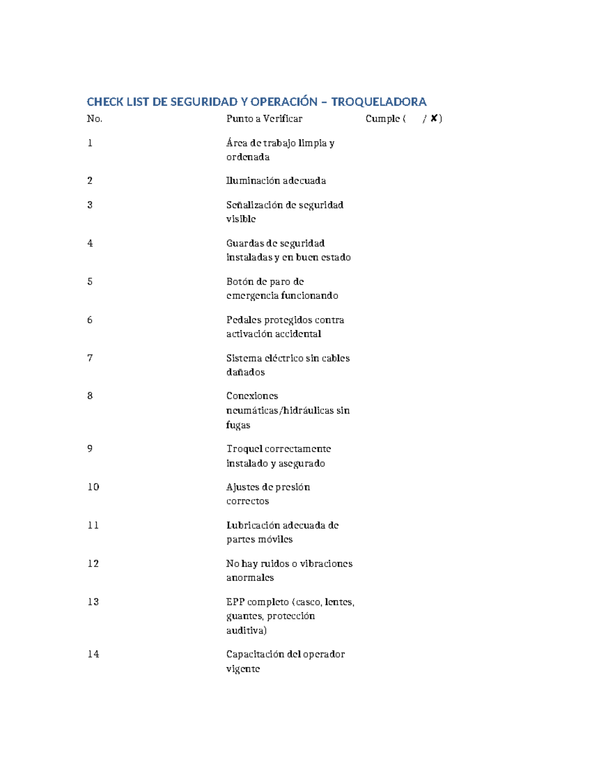 Checklist de Seguridad y Operación Troqueladora - Studocu