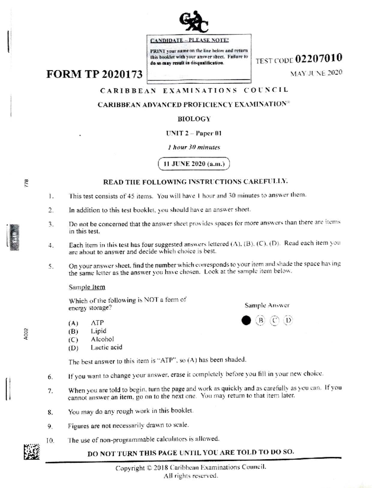 Biology CAPE 2020 Unit 2 Paper 1 Exam Instructions and Questions - Studocu