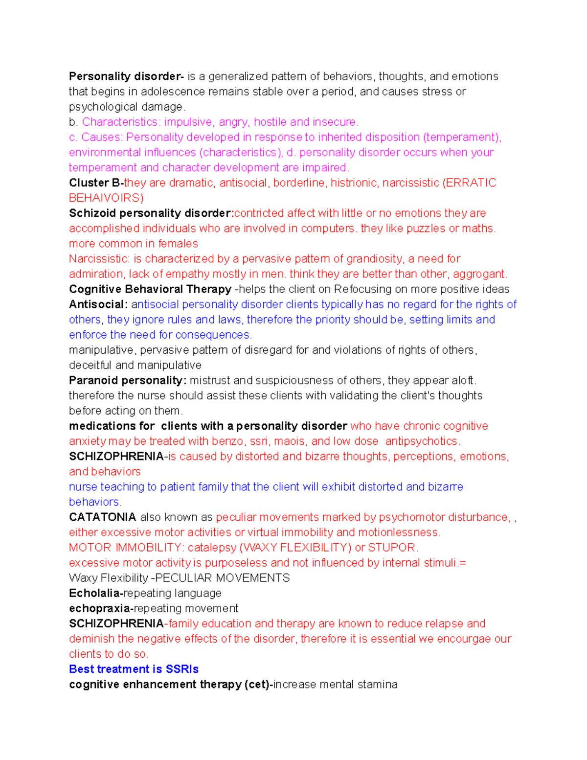 Mental Health Notes: Exam 4 - Personality Disorders and Treatments ...