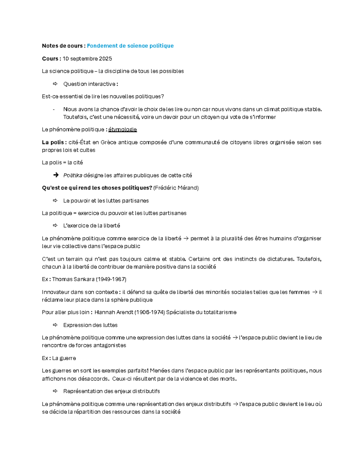 Notes de cours : Fondements de la science politique - Cours 10/09/2025 ...