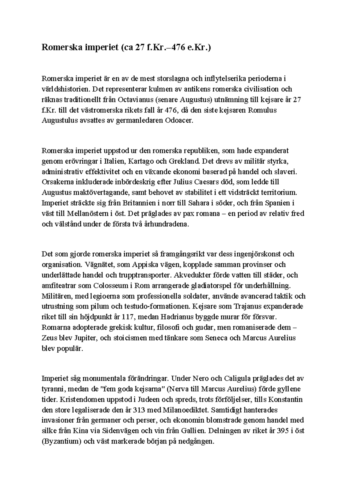 Romerska imperiet: En översikt (ca 27 f.Kr.–476 e.Kr.) - Studocu