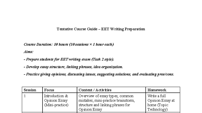 EET Syllabus 10 Sessions - 1 Tentative Course Guide – EET Writing ...