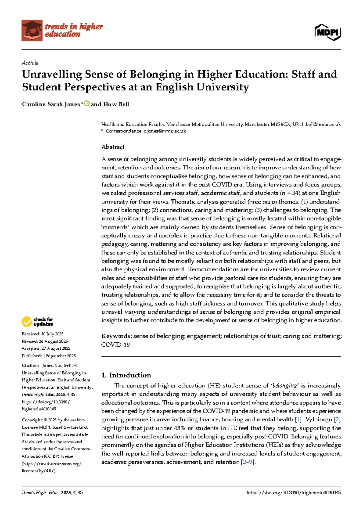 Jones & Bell 2025: Unraveling Sense of Belonging in Higher Ed. - Studocu