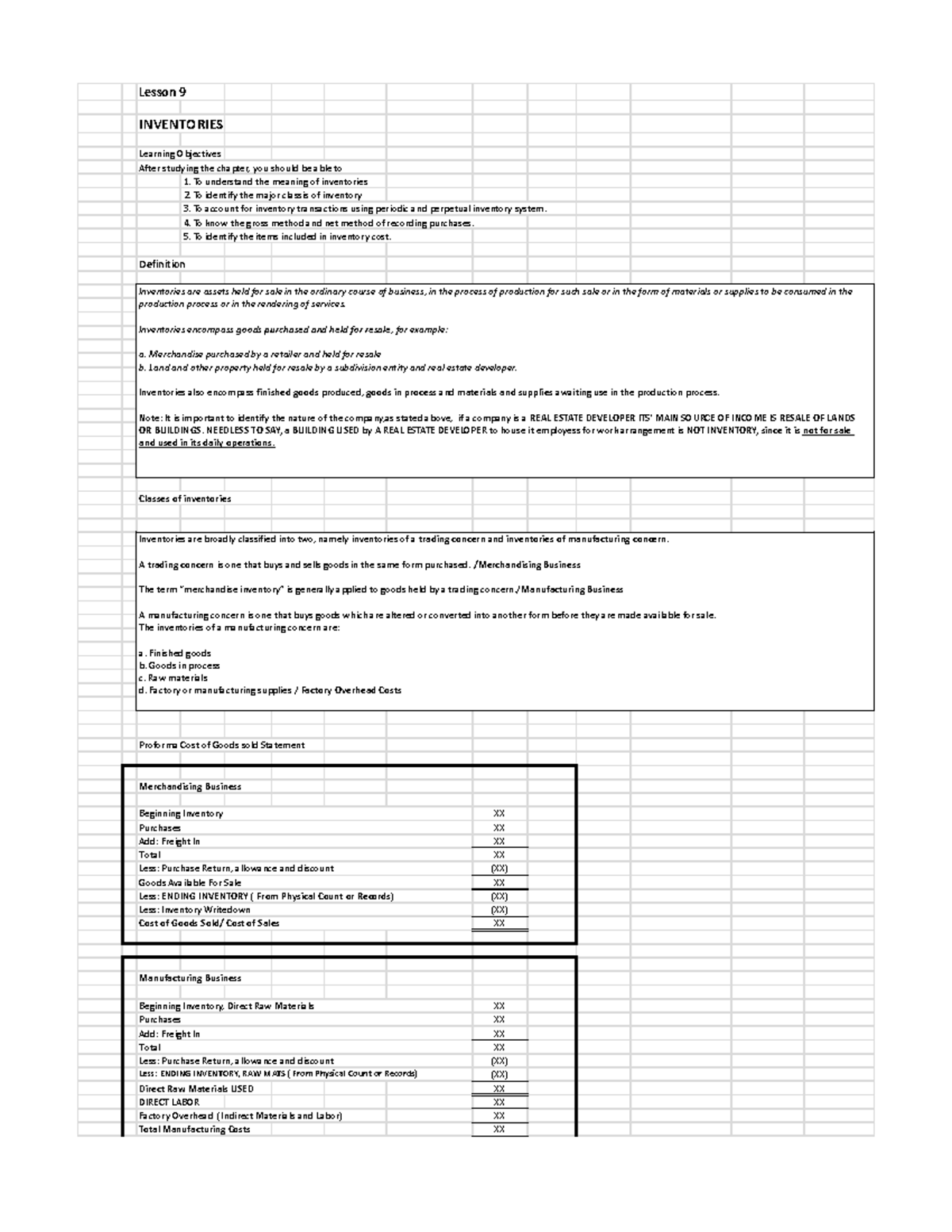 Lesson-9 - Notes - Lesson 9 INVENTORIES Learning Objectives After ...
