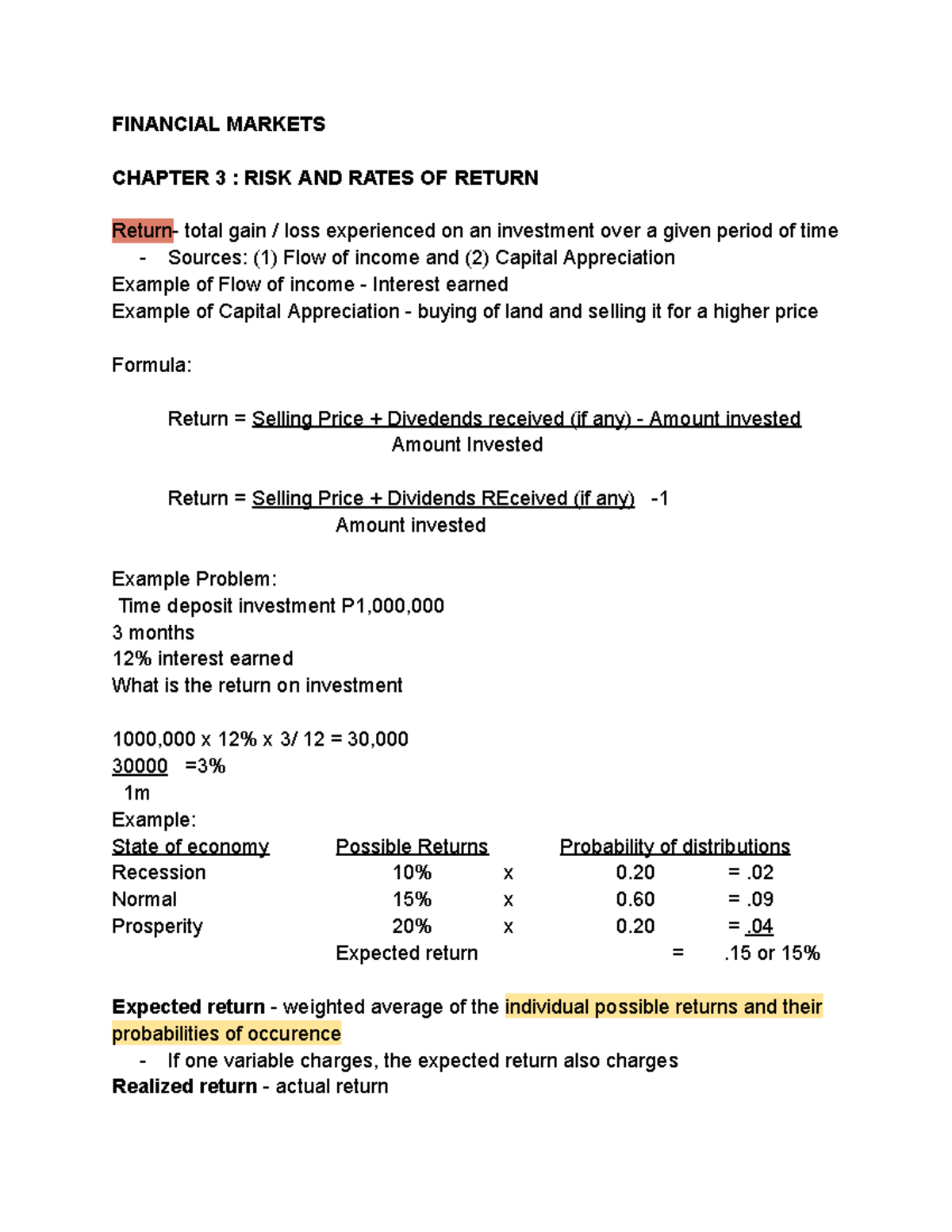 FIN 101: Lecture Notes on Risk and Rates of Return (Chapter 3) - Studocu