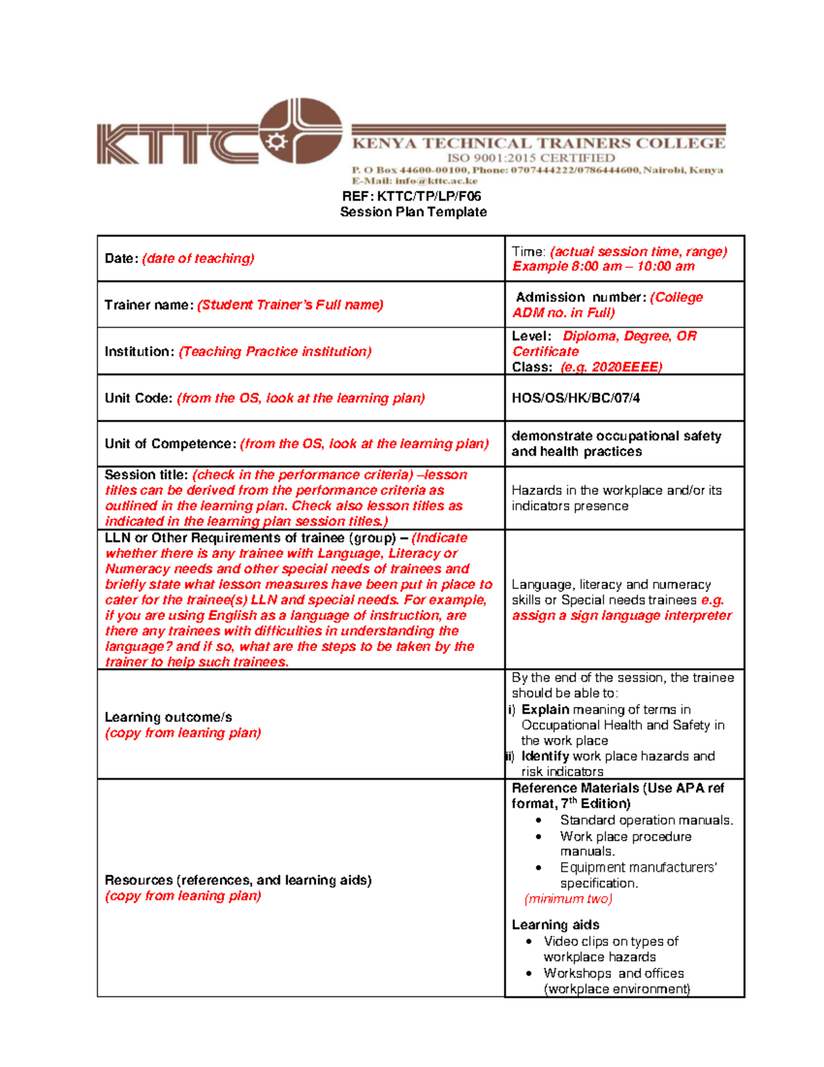 Harmonised Session Plan Template for Occupational Safety & Health - Studocu
