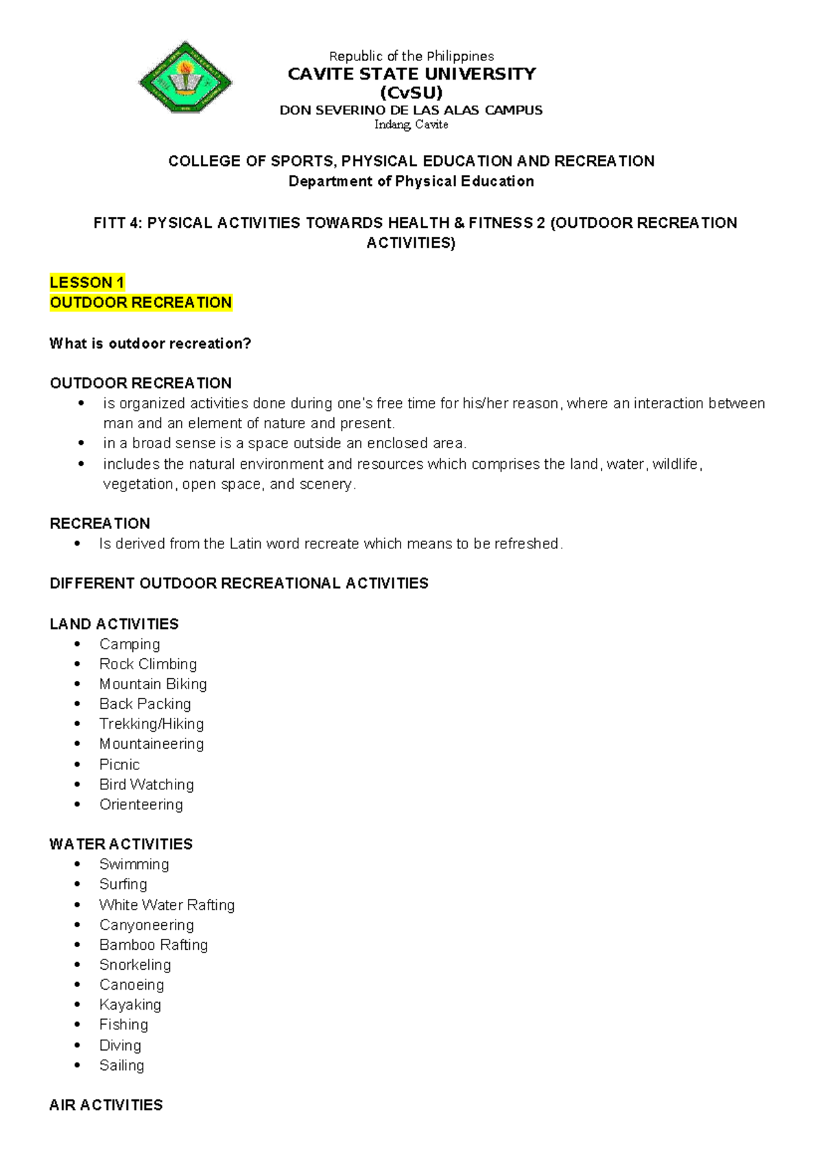 FITT 4: Outdoor Recreation Activities - Comprehensive Guide and Notes ...