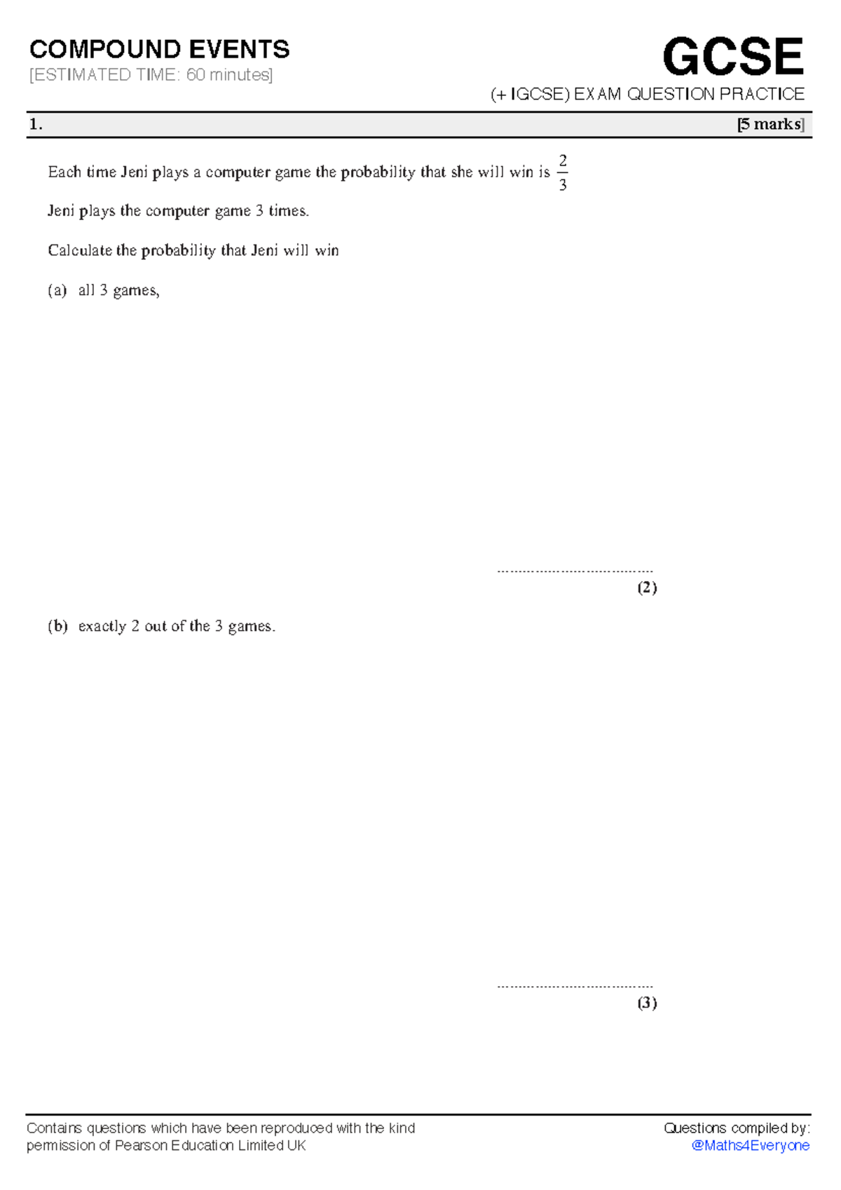 GCSE 9-1 Compound Events Practice Questions (30302) - Studocu