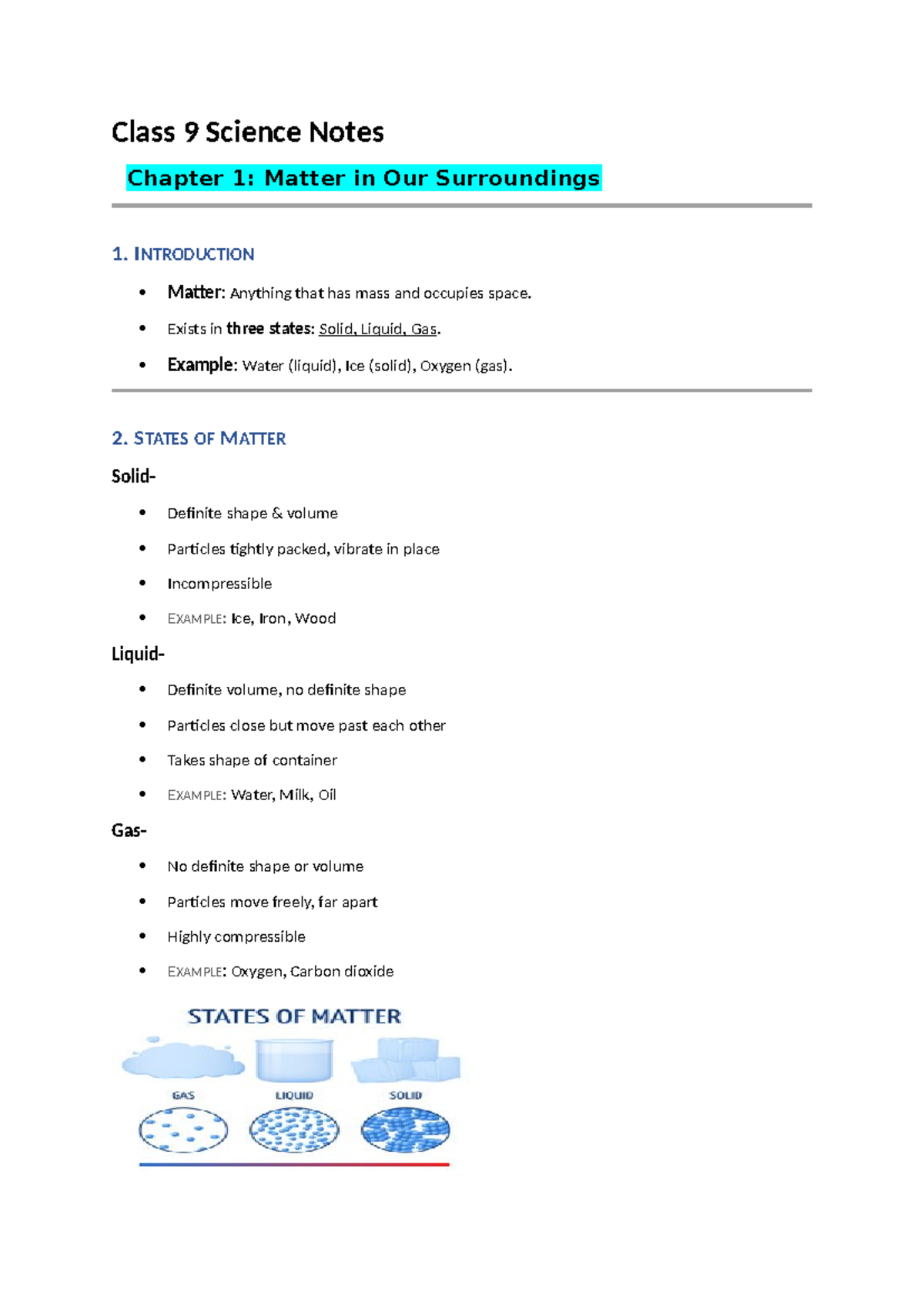 Class 9 Science Notes: Chapter 1 - Matter in Our Surroundings - Studocu